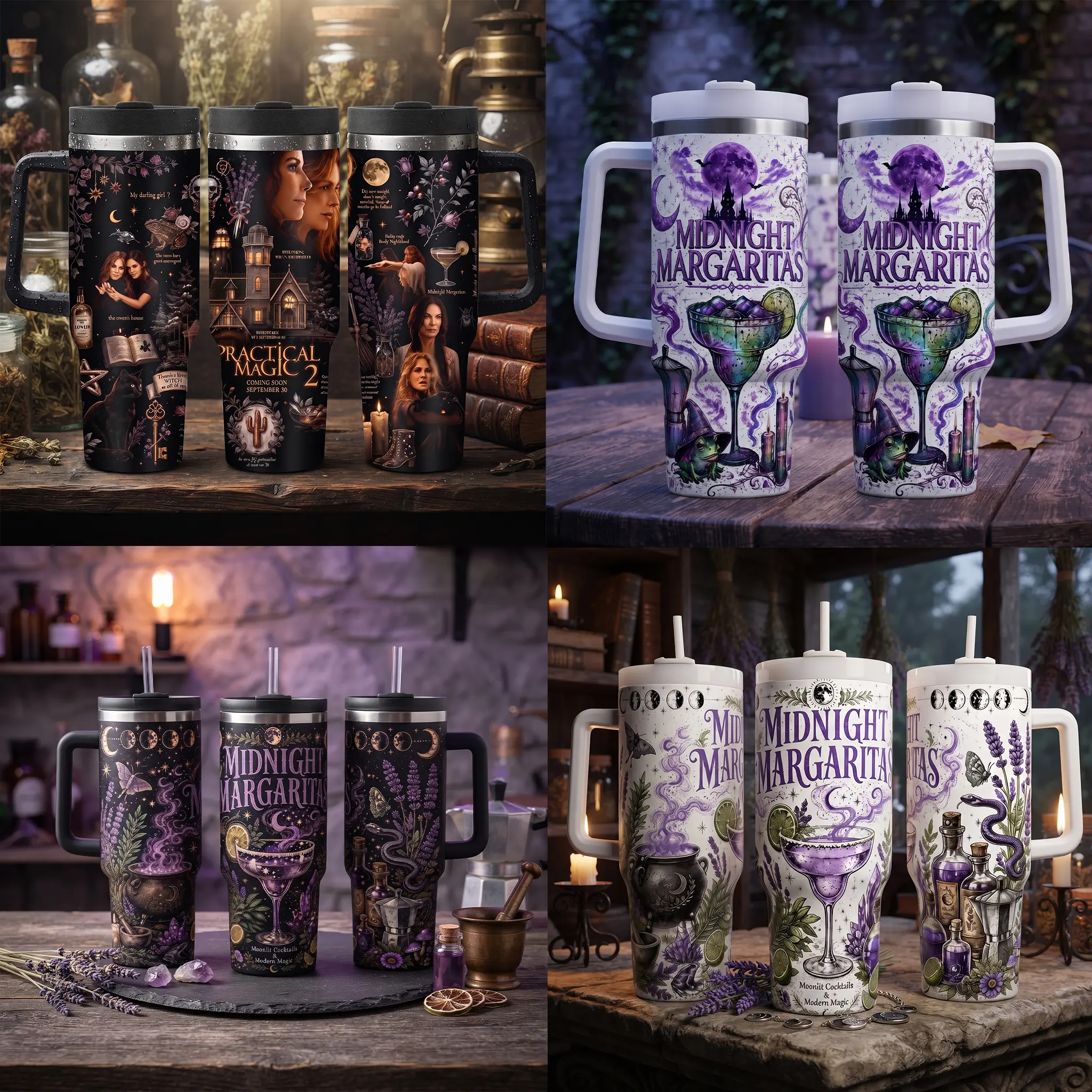 Midnight Margaritas Tumbler With Handle | Witchy Gothic Travel Cup | Moon & Magic Cocktail Design | Mystical Halloween Drinkware | Witch Lover Gift