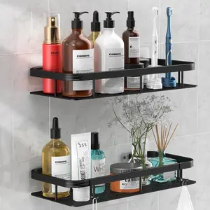 Wall Mounted Shower Caddy Shelf Organizer Rack,2 Pack 12 inch No Drilling Adhesive Shower Shelves,Bathroom Shower Organizers and Storage,Save Space With Hooks,(Black 2LBLT).