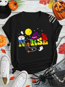 100% Cotton Halloween Nurse Shirt Nursing Boo Crew Witch Nurse Hat T-Shirt Print Round Neck Short Sleeve Streetwear Fashion Breathable Homme Soft Unisex Designer Clothes For Women Casual Clothes