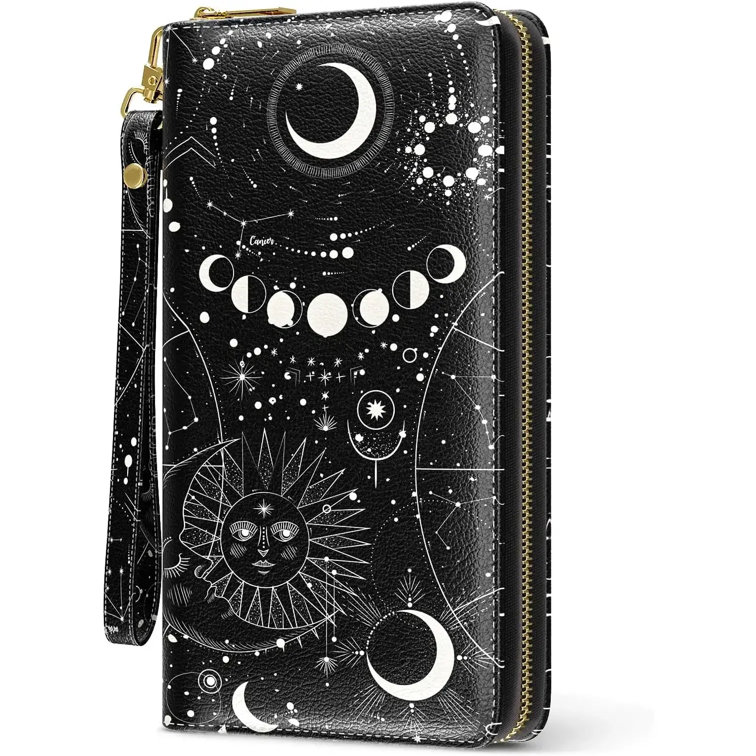Womens Wallet, Wristlet Wallet for Women, Cute Ladies Purse, Large Credit Card Clutch Purse, Leather Card Holder Wallets with Zipper & Phone Holder, Sun Moon