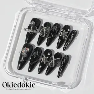 Okiedokie STEAM PUNK Collections Handmade Press On Nails 10PCS Solid Design with Rhinestones and Chains