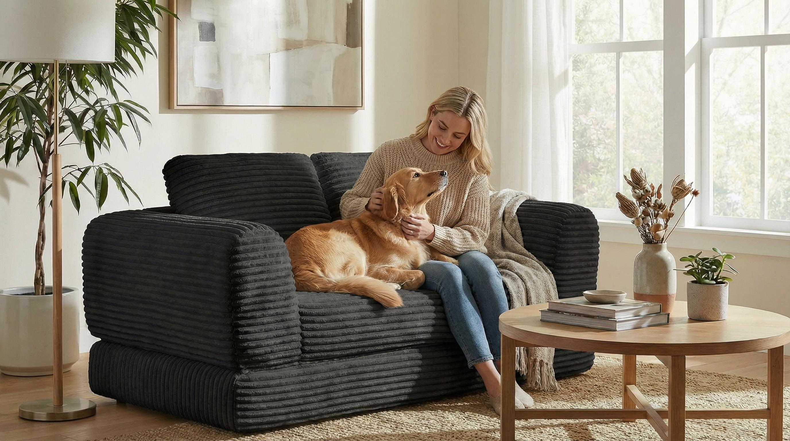 Convertible Sofa Bed, Corduroy Futon Couch Sleeper with Pull-Out Bed & Pillows, Folding Modular Floor Sofa for Living Room Bedroom Apartment
