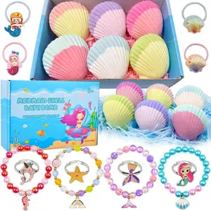 L-AE037  Mermaid Bath Bombs for Kids Girls with Surprise Inside, 6 Pcs Natural Fizzy Princess Fun Shell Bubble Bath Bomb Kit with Jewelry Toys, Christmas Easter Basket Stuffer Valentines Day Birthday Gift Set