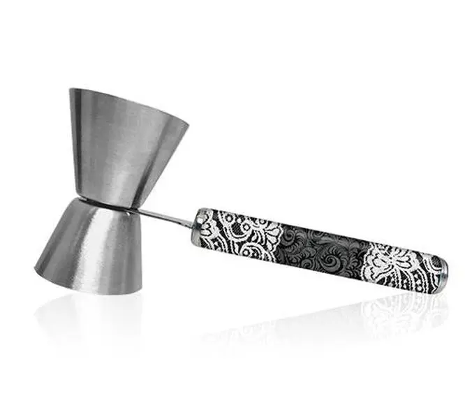 Stainless Steel Dual-Sided Bartender's Jigger - 0.75oz x 1.25oz Double-Sided Measurements, Waterproof Lace Printed Decorative Handle, Drink Utility Bar Tool with Vinyl Wrap, Dual Sides