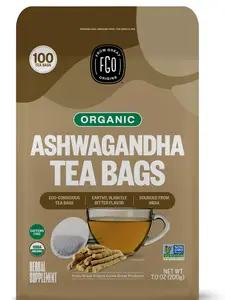 FGO Organic Ashwagandha Tea, 100 Count, Eco-Conscious Herbal Tea Bags, Resealable Bag, Caffeine Free, Packaging May Vary (Pack of 1)