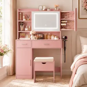 Makeup Vanity Desk with Mirror, Dimmable LED Lights, Hidden Shelves, 2 Drawers, Cabinet and Stool for Bedroom