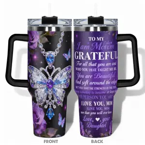 1pc 40oz/30oz/22oz/20oz/14ozCup Stainless Steel Tumbler With Purple Roses Butterfly Jewelry Design, Leakproof Large Capacity, Portable, Needed for Gym, Hiking, Travel Ideal Birthday Christmas Gift Perfect Gift, Bottles