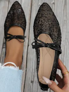 Women's Fashion Ballet Flats, Mesh Fabric, Breathable Flats, Lace Series, Hollow Bow, Lightweight, Elegant, All Seasons, Less Than Ankle Height, Lightweight Breathable Footwear