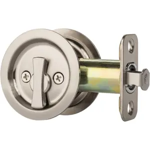 Pocket Door Latch Round Sliding Handle for Bathroom or Bedroom, Locking Passage Pull, Easy Install Pocket Door Hardware, Aged Satin Nickel Finish, 2-3/8" Backset, Universal Fit