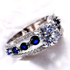 Sterling SilverMoissanite Ring with Blue Aluminum Side Inlay Unisex Luxury Fashion Jewelry High Quality Durable Statement Ring for Party Daily Wear Gift
