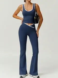 Women's High Elasticity Colorblock V-Neck Short Tank Top, Detachable Padding Shirt & Wide Leg Pants Set, Yoga Fitness Comfortable Sportswear All Seasons, Fitness Outfits