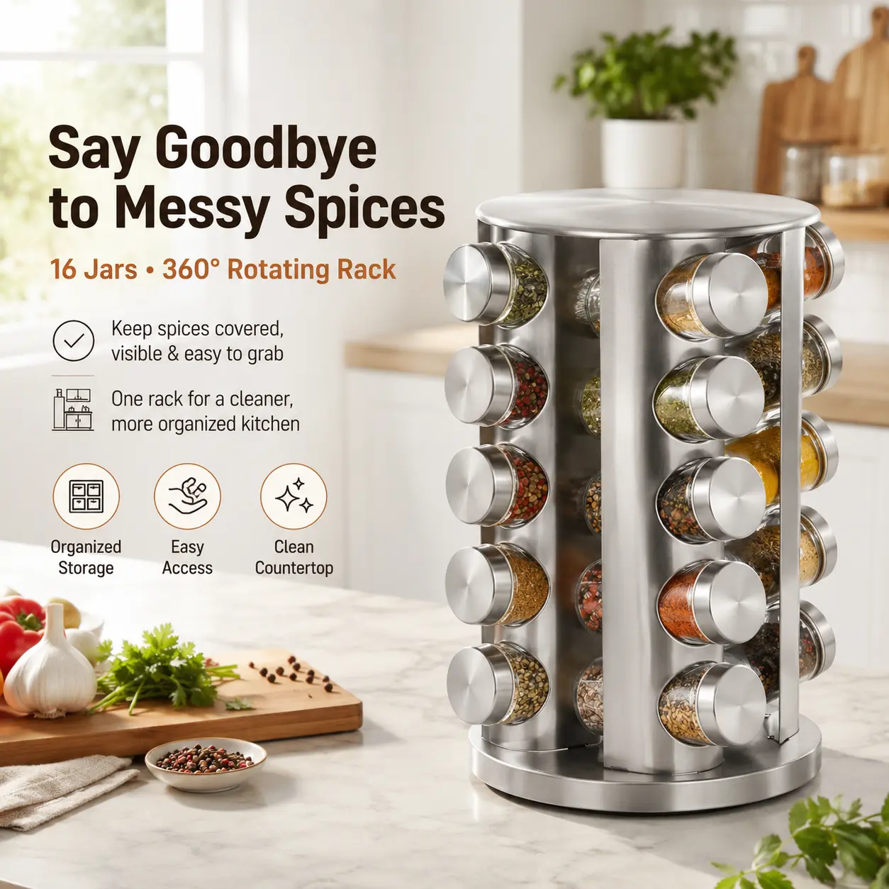 New England Stories 20-Jar Stainless Steel 360° Rotatable Spice Rack Organiser, 360° Revolving Spice Rack Tower for Kitchen Countertop, Cabinet or Pantry, Space-Saving Seasoning Organizer with Reusable Labels, Funnel and Marker