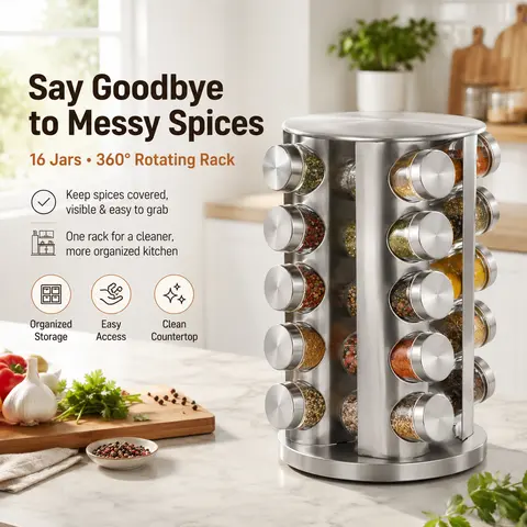 New England Stories 20-Jar Stainless Steel 360° Rotatable Spice Rack Organiser, 360° Revolving Spice Rack Tower for Kitchen Countertop, Cabinet or Pantry, Space-Saving Seasoning Organizer with Reusable Labels, Funnel and Marker