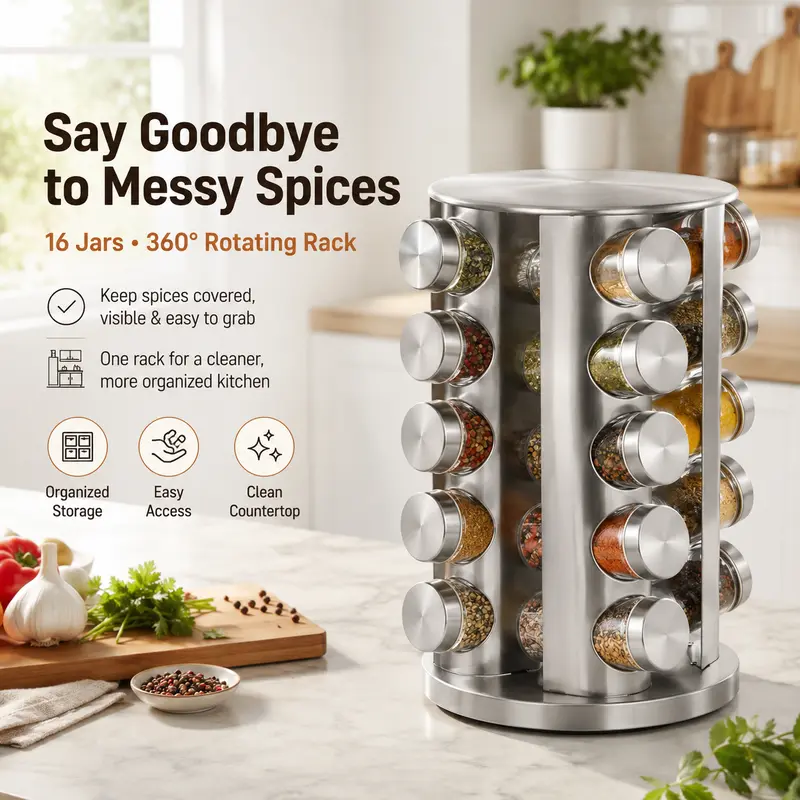 New England Stories 20-Jar Stainless Steel 360° Rotatable Spice Rack Organiser, 360° Revolving Spice Rack Tower for Kitchen Countertop, Cabinet or Pantry, Space-Saving Seasoning Organizer with Reusable Labels, Funnel and Marker