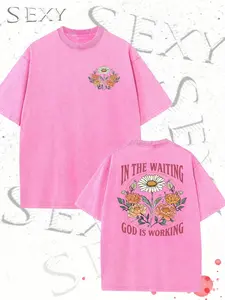 Vintage Washed T-Shirt, 230G, Literary And Simple, Versatile, Pure Quality, Floral Daisy Double-Sided Print, Spring And Autumn Short Sleeve, Faith Text, "God Is Working" Waiting Aesthetic