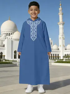 Kids' Blue Triangle Geometric Embroidered Hooded Long-Sleeve Thobe