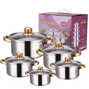 Stainless Steel Cookware Set - 10-Piece Pots with Gold Handles, Includes Glass Lids