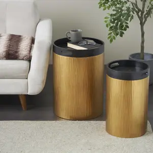 Set of 2 Gold Metal Nesting Side End Accent Table with Black Tray Tabletops