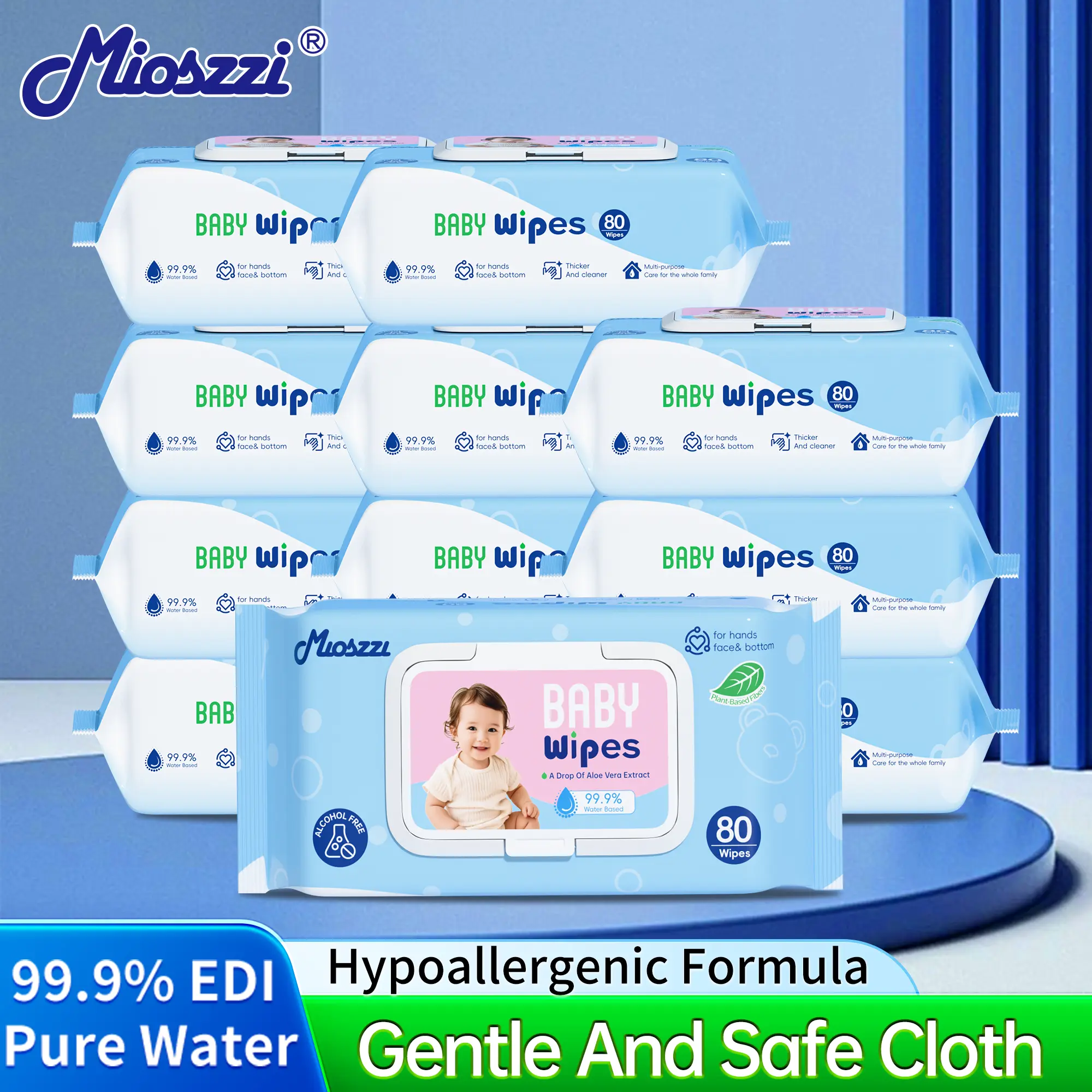 Mioszzi Baby Wipes 80 Sheets Each Pack, Oversized Ultra Thick Smooth Flat Surface Wet Wipes, Unscented Plant Extract Gentle Formula, Non-Irritating Safe for Babies Sensitive Skin Home Travel Daily Use