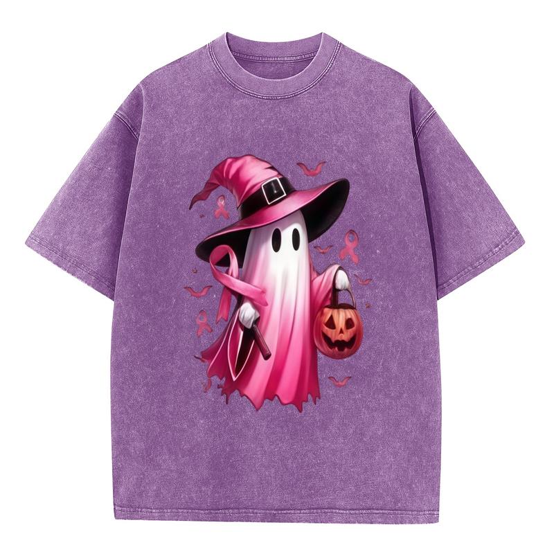 Women's Plus Size Acid Wash Combed Cotton Casual Streetwear Top - Breathable Fabric, Oversized Short Sleeve Crew Neck, Vintage Ghost Witch Breast Cancer Awareness Halloween Graphic Curvy Fit Tee