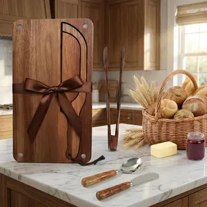 Bread Bow  and  Board Set, 16" Serrated Stainless Steel Slicer for Homemade Sourdough & Artisan Bread, Ambidextrous Bread Slicing Kit with Crumb Tray, Bread Tong, Butter , Jam Spoon