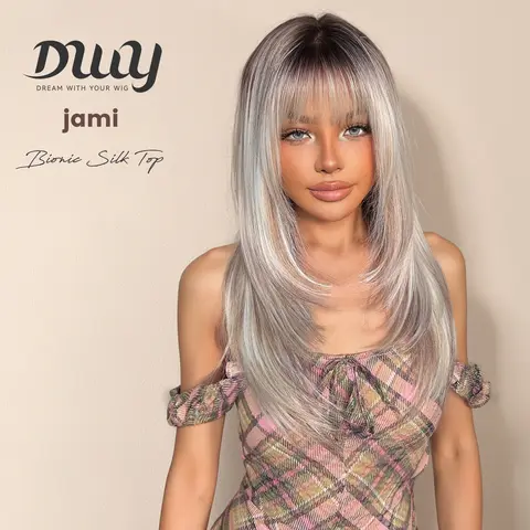 Jami - DWY Bionic Silk Top 22-Inch Long Layer cut Bronde Balayage Glueless Synthetic Wig with Bangs for Women High-Quality Premium Fiber Easy Wear Comfortable Fit Summer Looks