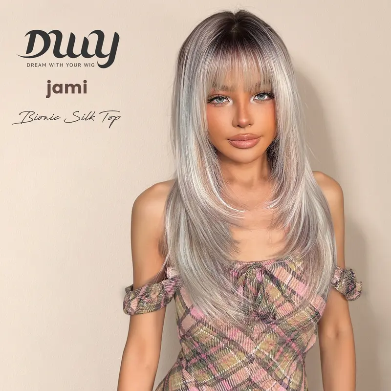 Jami - DWY Bionic Silk Top 22-Inch Long Layer cut Bronde Balayage Glueless Synthetic Wig with Bangs for Women High-Quality Premium Fiber Easy Wear Comfortable Fit Summer Looks
