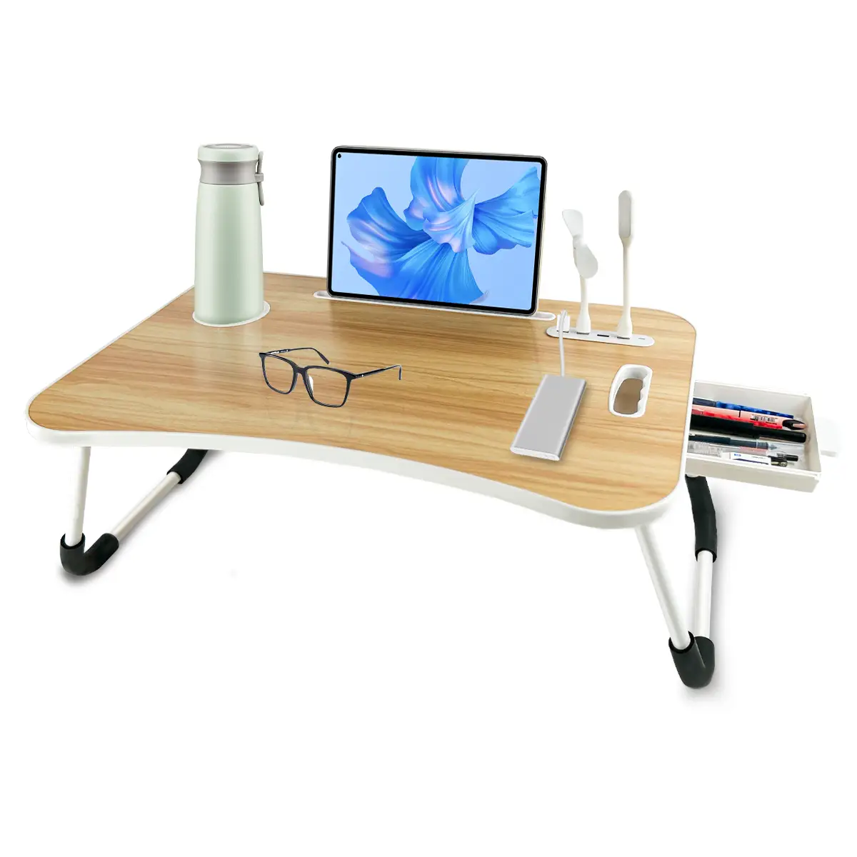 1pc Oversized Portable Laptop Bed Table - Foldable & Durable Wooden Computer Tray with Cup Holder, Drawer, USB, Fan & Light - Ideal for Reading, Writi