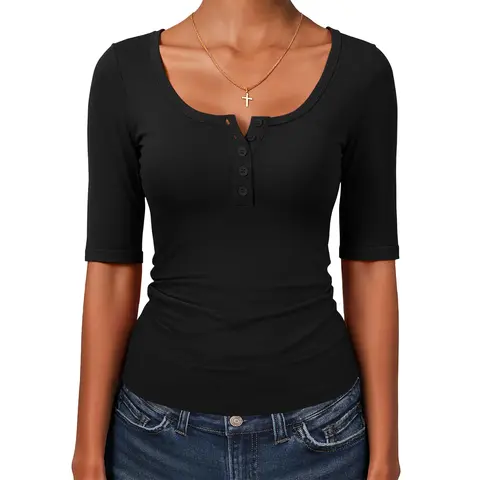 ANRABESS Womens Half Sleeve Tops Summer Slim Fitted Henley Shirts 2026 Spring Basic Tee Shirts Dressy Casual Blouses Cute T Shirt