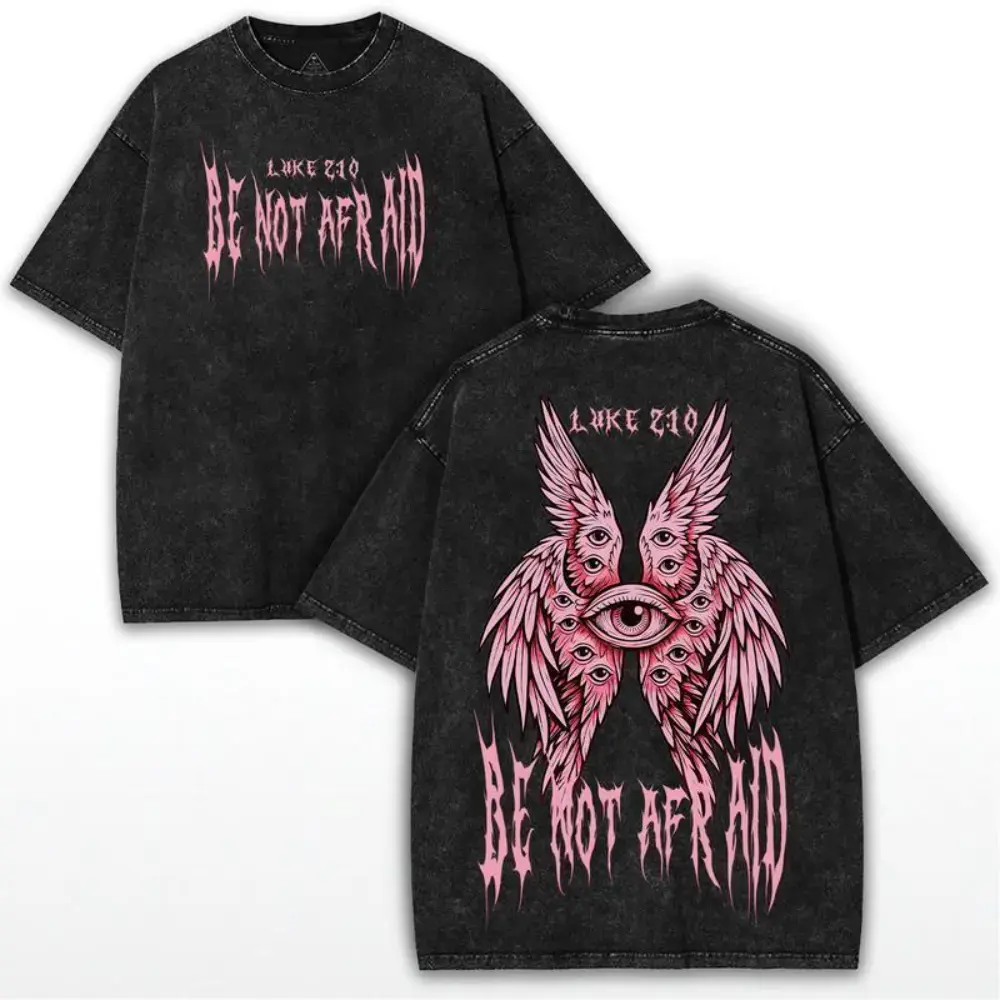 Be Not Afraid Graphic T Shirt Vintage Washed Oversized Tee Y2K Dark Aesthetic Angel Wings Eye Print Streetwear Gothic Harajuku Style Unisex Loose Fit Casual Shirt Trendy Summer Outfit Soft Cotton High Quality Graphic Tee Menswear Top Man Streetwear Tshirt