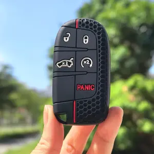 Silicone Car Key Case for JEEP Cherokee, Grand Cherokee, for DODGE Hellcat, Challenger, Journey, Charger, Jcuv, for CHRYSLER 300C with 5-Button Key Shell Fob Holder Car Key Protector