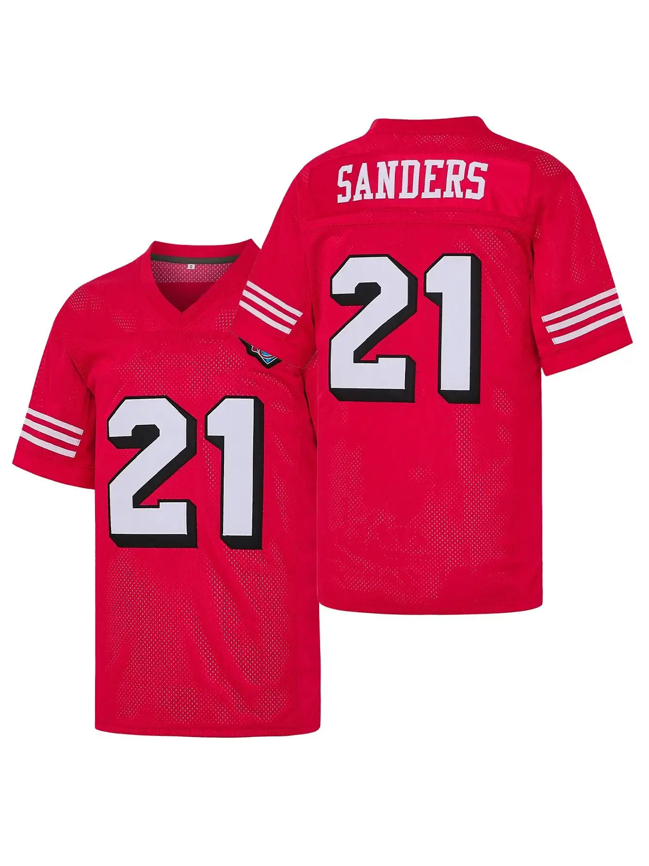Sanders #21 Red Football Jersey, 75th Anniversary Patch Fan Edition, Breathable Mesh V-Neck Game Day Sports Shirt & Football Fan Gift for Men