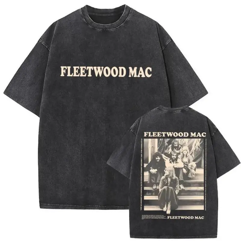 Women's Vintage Acid Washed Black-Pattern Printed Fleetwood Mac Rumours Graphic T-Shirt - Seamless Crew Neck Short Sleeve Garments, Heavyweight Soft Cotton Fabric Oversized Loose Fit Top, Classic Retro Rock Music Streetwear for Day Concert
