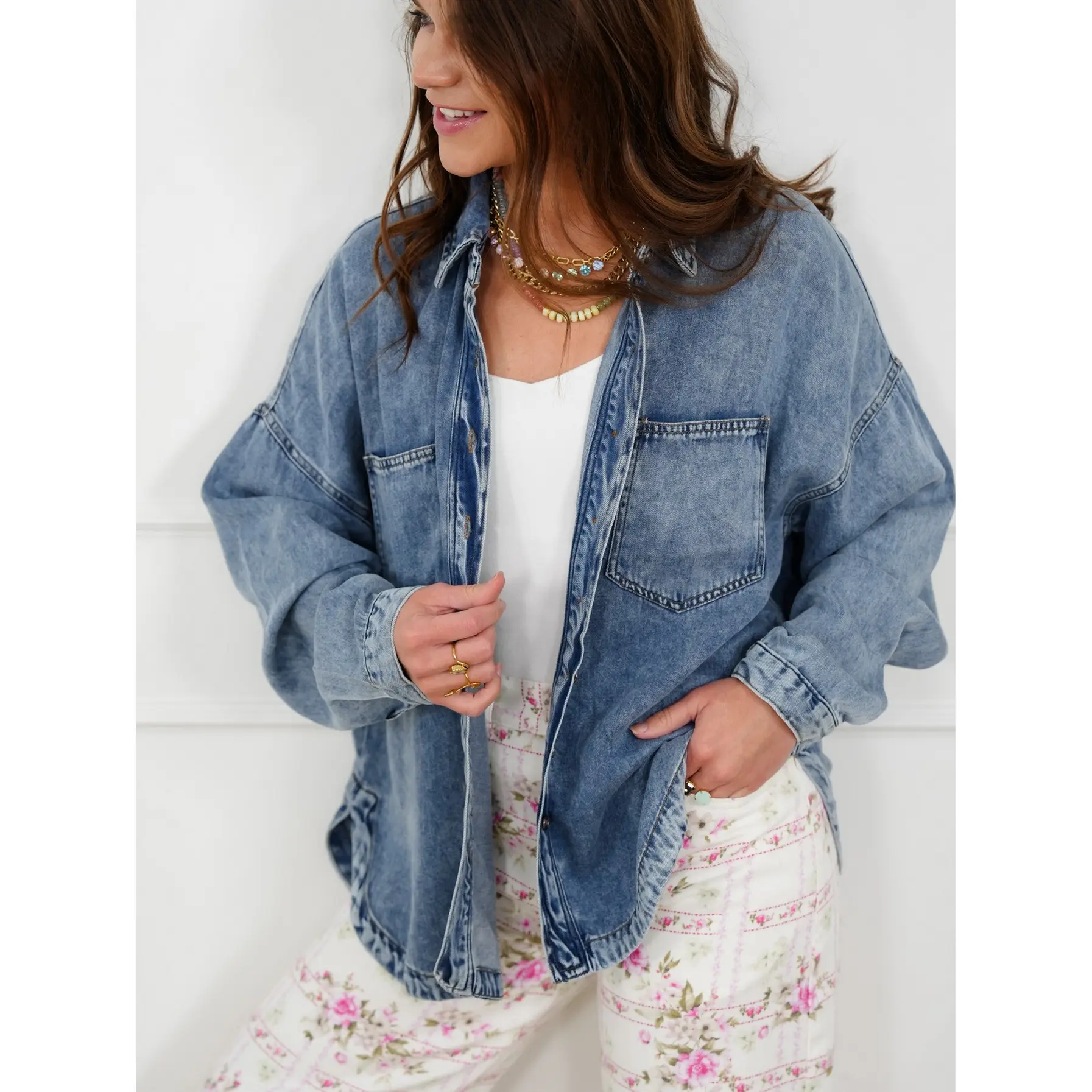 Plus/Reg Chambray Long Sleeve Button Down Shacket