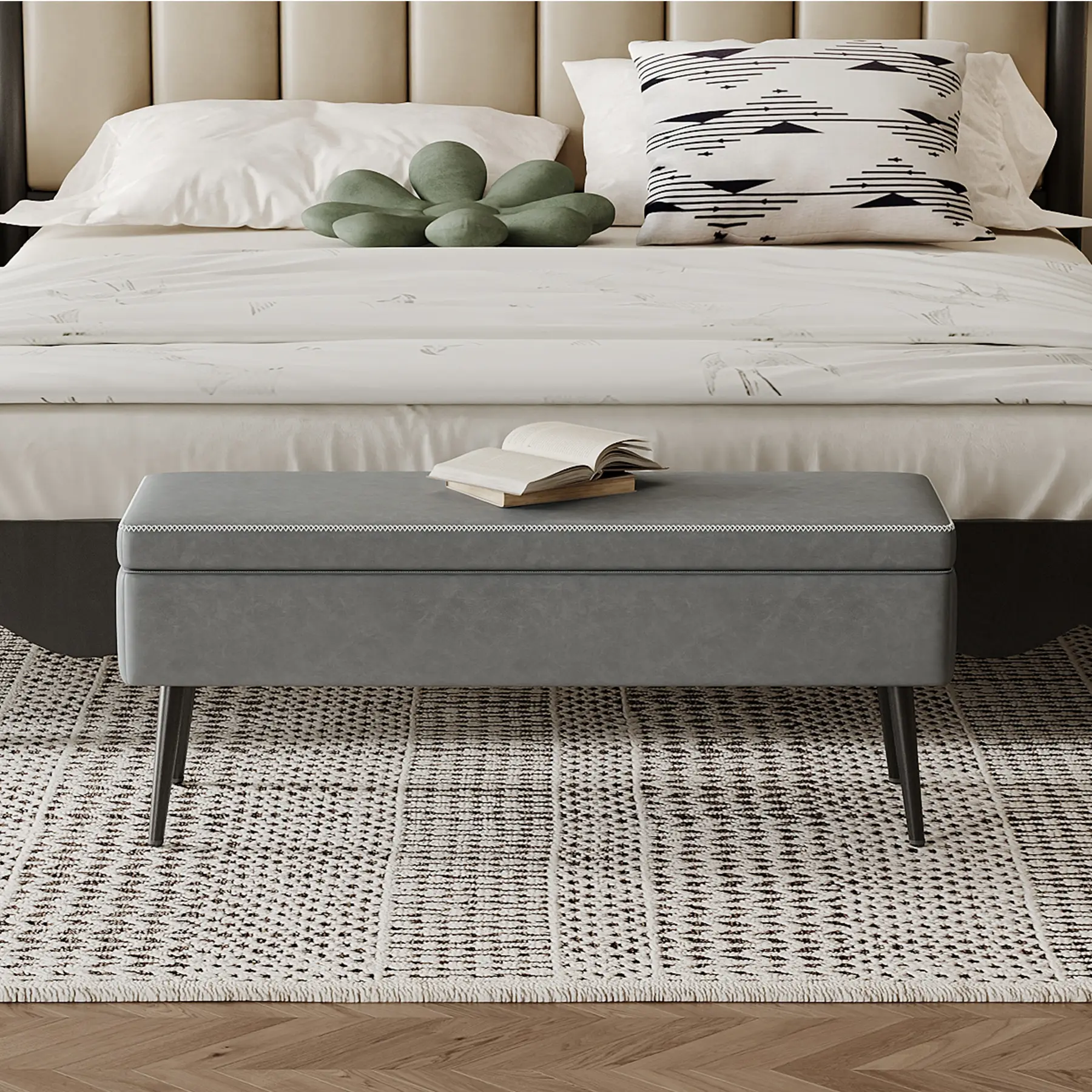 Contemporary Rectangle PU Leather Storage Ottoman Bench - Iron Legs, Tool-Free Assembly, Hidden Compartment Multipurpose Seat for Bedroom, Living Room, Entryway (Grey)