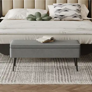 Storage Ottoman Bench with Hidden Compartment PU Leather Upholstered Bed Bench with Iron Legs Multipurpose Storage Seat for Bedroom Entryway Living Room Grey