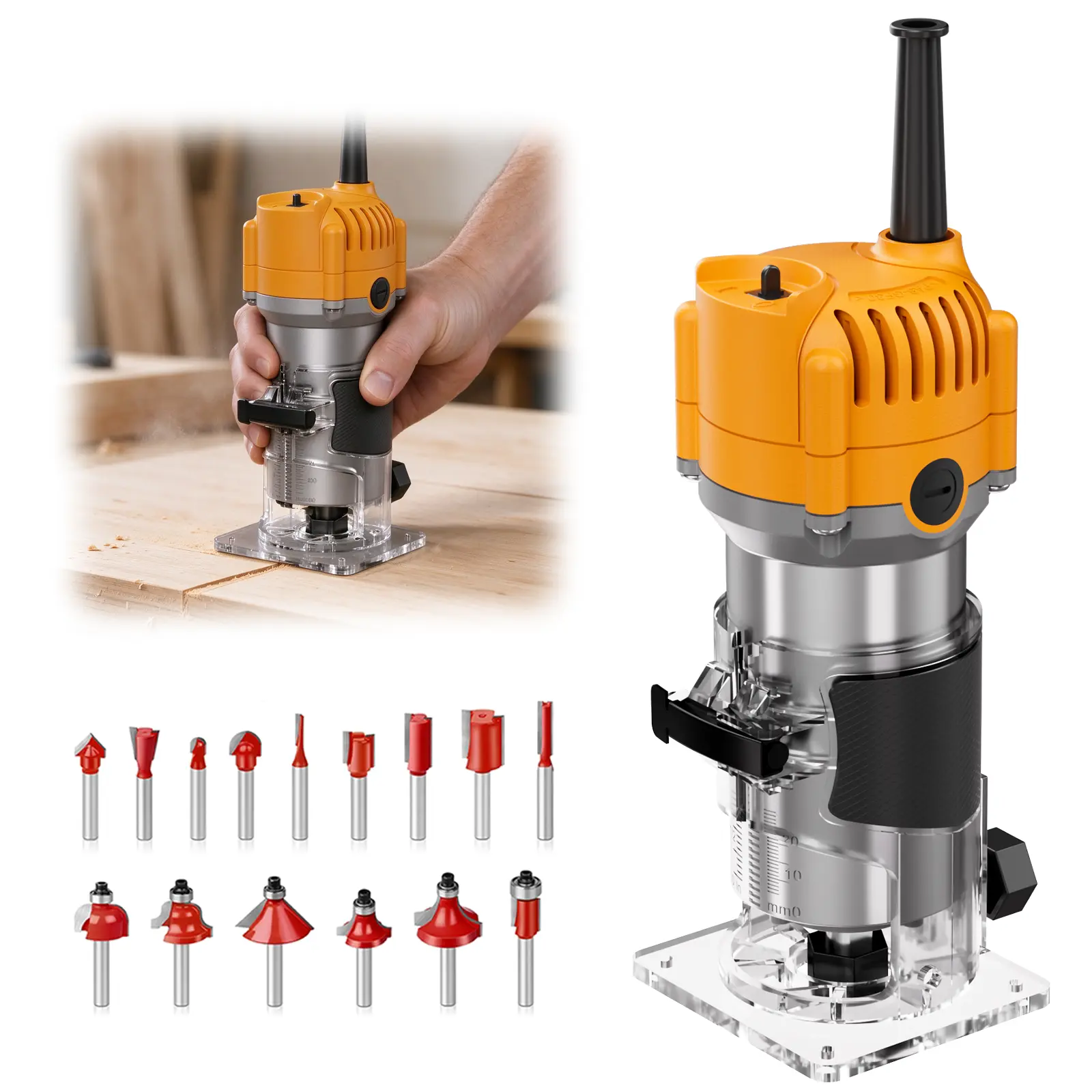 HI HANWISE Handheld Plastic/Metal Woodworking Electric Trimmer Wood Router - Edge Milling Machine with 15 Router Bits & Full Accessories, Portable Slotting Engraving Chamfering Tool for DIY Carpenters