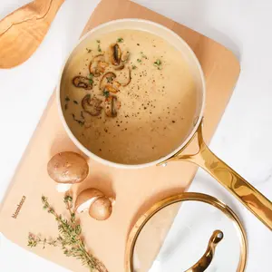 3 Quart Saucepan with Lid - PFAS-Free Ceramic Nonstick Aluminum - Almond Cream with Gold Handles