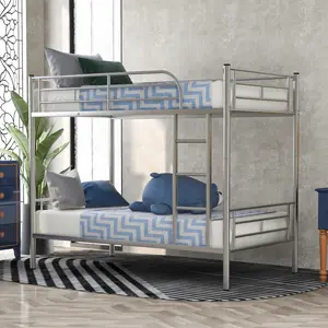 Twin Over Twin Bunk Bed Frame, Metal Twin Size Bunk Bed Frame with Ladder and Guardlails,Split Into 2 Beds, No Box Spring Needed, Easy Assembly (Silver)