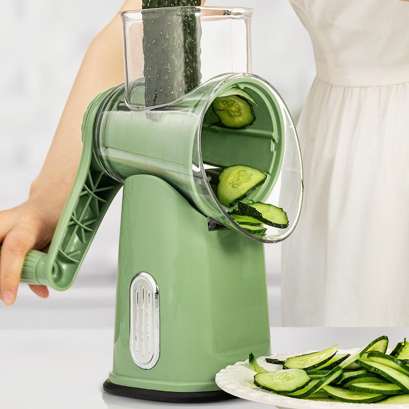 SUSTEAS Green Rotating Kitchen Cheese Grater Food Chopper with 5 Well-Designed Blades and Strong Suction Cup Base, Comes with 1 Blade Storage Box Utensil Vegetable Cutting Slicer Vegetable Fruit Cutter