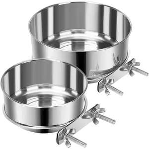 2 Pcs Small Pet Dog Food Water Bowl for Cage Stainless Steel Non-Spill Kennel Hanging Cats Bowls with Clamp Holder Crate Feeder Dish for Small Dogs (4.7x1.9'' & 3.9x1.7'')