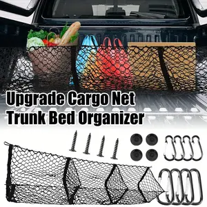 Extra Large Pickup Truck Trunk Storage Bag, Stretchable Car Trunk Storage Bag, 3 Spacious Pockets Luggage Net with 8 Metal Hooks, Black, Suitable for Cargo Storage in SUV, Car, Pickup Bed Truck Van