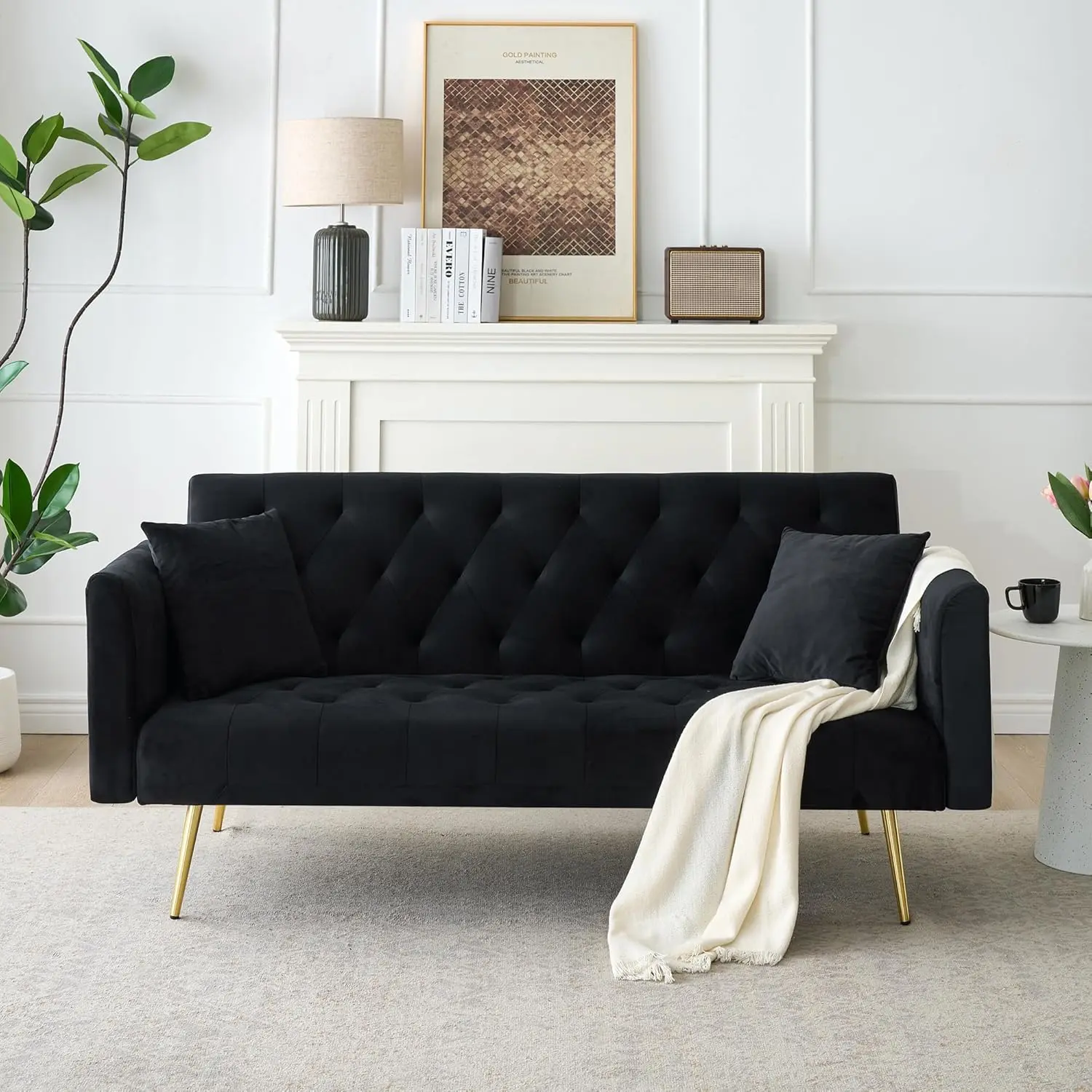 Modern Velvet Sofa Bed Futon with Adjustable Backrests, Convertible Folding Sleeper Couches, Loveseat Sofa with 2 Pillow and Golden Chrome Legs, for Small Living Room, Bedroom, Office, 71"