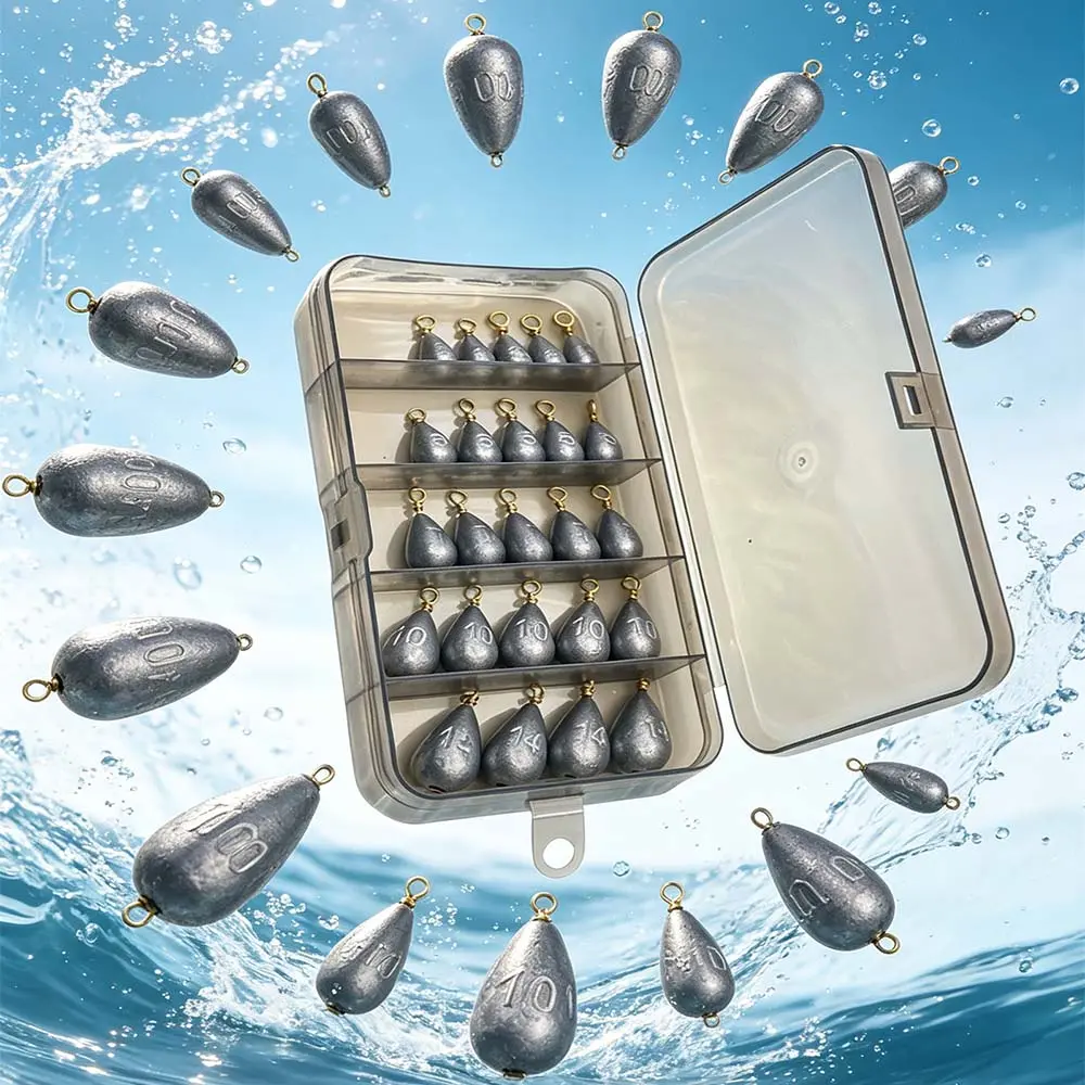 Teardrop Fishing Sinker Weights, 24-Piece Assortment with Brass Swivels, 5 Sizes (1/8-1/2 oz), Drop Shot Setups for Bass, Catfish, Freshwater and Pond Fishing, Lake Fishing