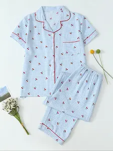 Women's Plaid & Cherry Print Short Sleeve Pajama Set, Casual Comfy Button Front Chest Pocket Design Lapel Neck Top & Elastic Waist Trousers PJ Set, Ladies Sleepwear, Pyjamas, Loungewear