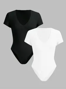 Women's Fashion V Neck Short Sleeve Bodysuit Set, Tight-Fitting Plain Color Comfortable All Season Wear, Trendy Two-Piece Womenswear