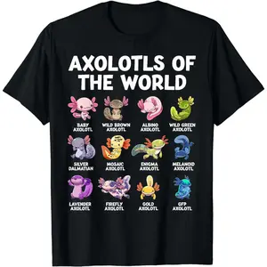 Cute Axolotl Variety T-Shirt Featuring 12 Unique Colorful Designs