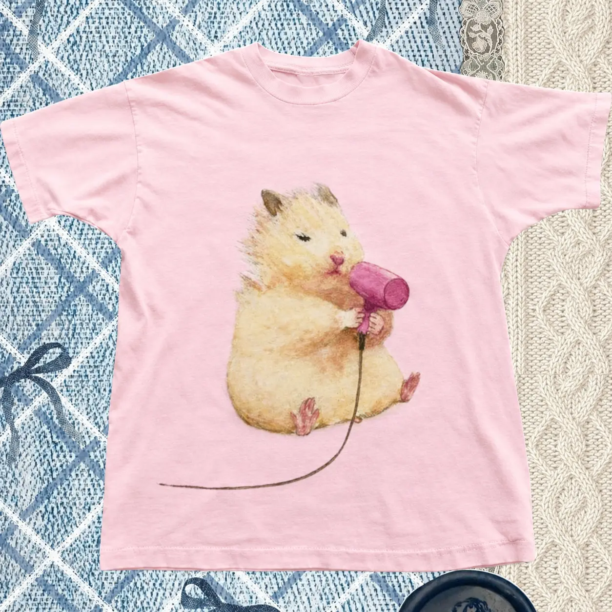 Gildan Women's Pink T-shirt, Y2K Cute Hamster Hairdryer Graphic Tee Pink Unisex, Cute Hamster Hair Dryer Shirt, Kawaii Animal Graphic Tee, Pink Aesthetic Hamster Shirt, Soft Girl Cute Tee, Funny Hamster Lover Gift Womenswear