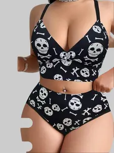 Halloween Print Design Plus Size Women's Bra And Underwear Set, No Steel Ring Underwear Set, Thin Sports Style