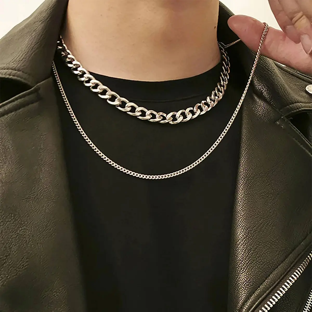 Double layer hip-hop style men's necklace Punk style necklace Men's versatile necklace Perfect gift